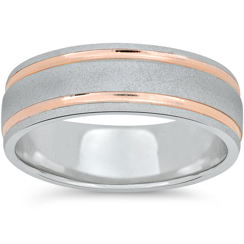 14k Rose Gold & White Gold 7mm 2 Tone Wedding Band Mens Brushed 2 Line Ring