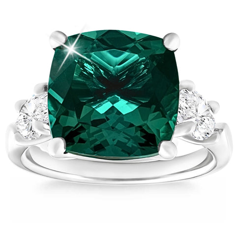 F/VS 7.55Ct Green Emearld Cushion & Marquise Diamond  Ring 14k Gold Lab Grown