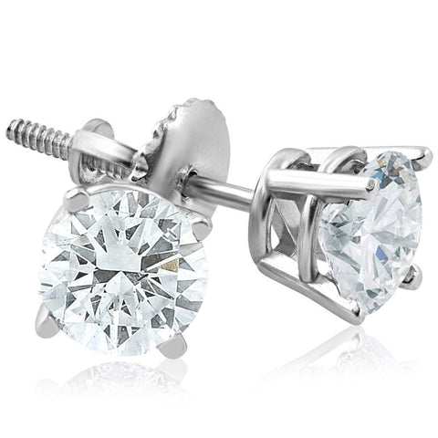 Screw Back 1ct TW Round Diamond Studs 14k White Gold Clarity Enhanced