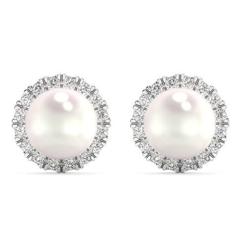 6mm Pearl & Diamond Halo Studs Women's 14k Gold Earrings Lab Grown