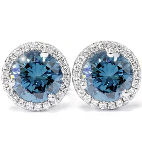 2 1/10ct Blue & White Diamond Halo Studs 10K White Gold