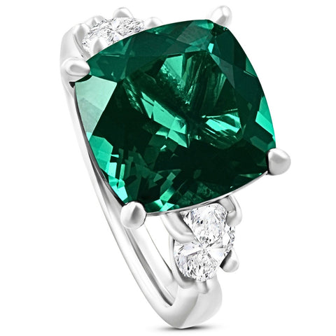 F/VS 7.55Ct Green Emearld Cushion & Marquise Diamond  Ring 14k Gold Lab Grown