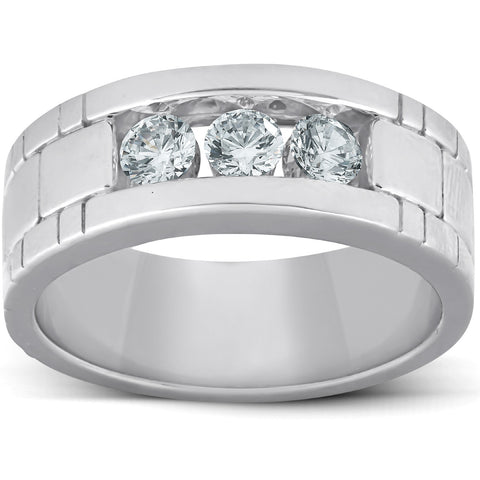 10k White Gold 1 Ct Three Stone Mens Heavy Weight Anniversary Ring