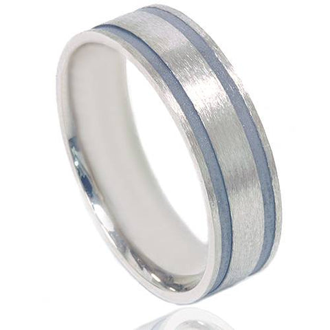 Double Inlay Brushed Wedding Band 14K White Gold