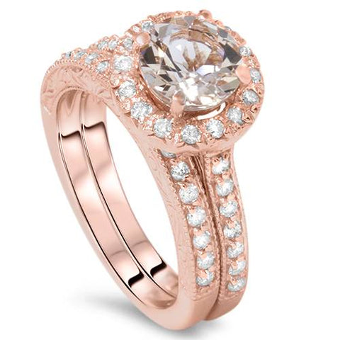 1 7/8CT   Morganite & Diamond Engagement Wedding Ring Set 14K Rose Gold