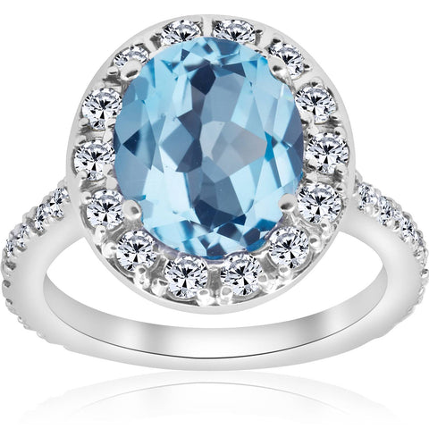 4 cttw Blue Topaz Diamond Halo   Ring Engagement 14k White Gold