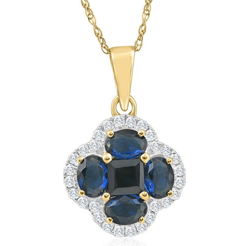 VS 1Ct TW Diamond & Created Blue Sapphire Pendant Yellow Gold Lab Grown Necklace