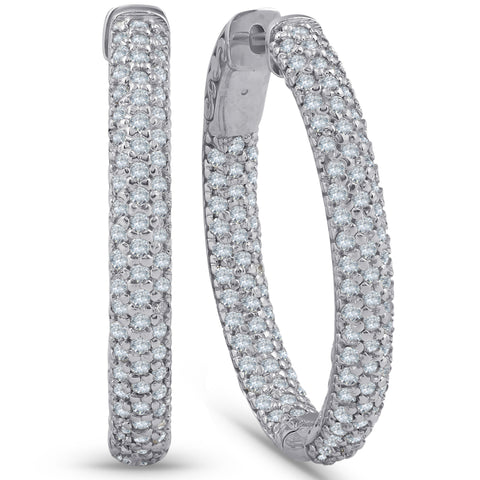 F/VS 2 1/2 Ct Diamond Hoops 14k White Gold Pave Womens Inside Outside Earrings