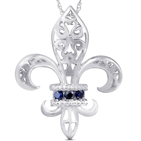 Blue Sapphire   Fleur De Lis Pendant 10KT White Gold W/ 18" Chain 1" Tall