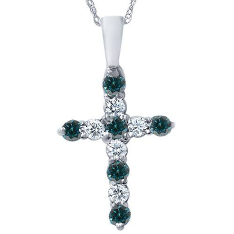 1/2ct Blue & White Diamond Cross Pendant 14K White Gold W/ 18" Chain