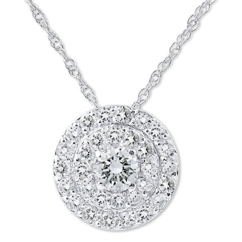 Women's 3/4ct Double Halo Diamond Pendant Solid 14K White Gold