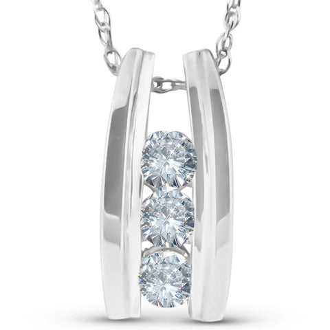 1/4 Ct Three Stone Diamond Pendant 14k White Gold 1/2" Tall