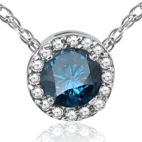 3/8ct Treated Blue Diamond Round Halo Pendant 10K White Gold W/ 18" Chain