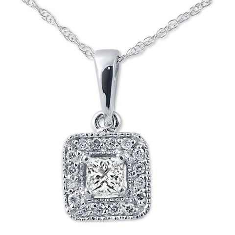 Women's 3/8ct Princess Cut Solitaire Halo   Pendant 14K White Gold