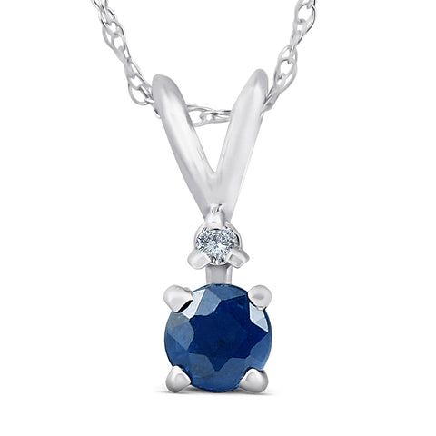 Diamond & Blue Sapphire Solitaire Pendant 14K White Gold With 18" Chain