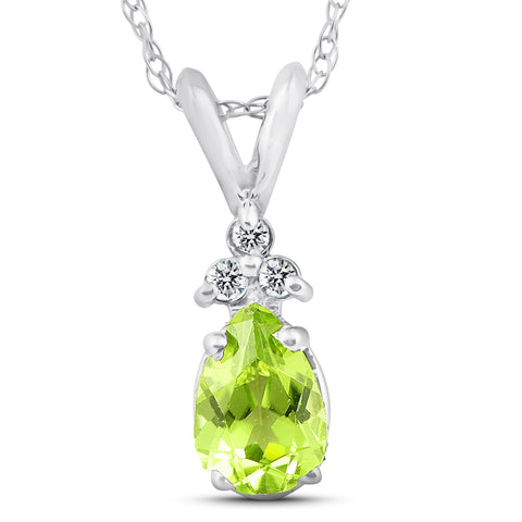 1/2ct Pear Peridot & Diamond Solitaire Pendant 14K White Gold 18" Chain Included