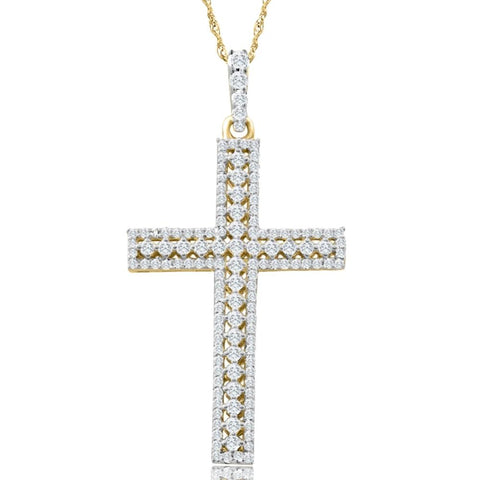 VS 1/2Ct Diamond Cross Pendant 10k Yellow Gold Lab Grown Women's Necklace 1" Tall