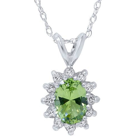 1 1/6ct Oval Peridot Halo Diamond Pendant 14K White Gold