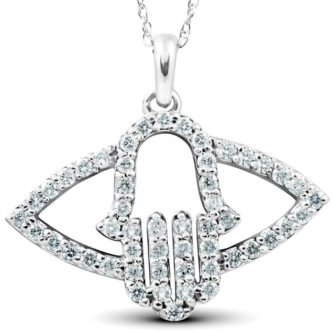 1/2 Ct Diamond Hamsa Evil Eye Hand Pendant 14k White Gold