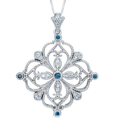 1/2ct Blue & White Diamond Filigree   Diamond Pendant 14K White Gold