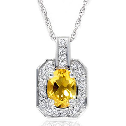 1 1/2ct Citrine & Diamond Solitaire Halo Pendant 14K White Gold