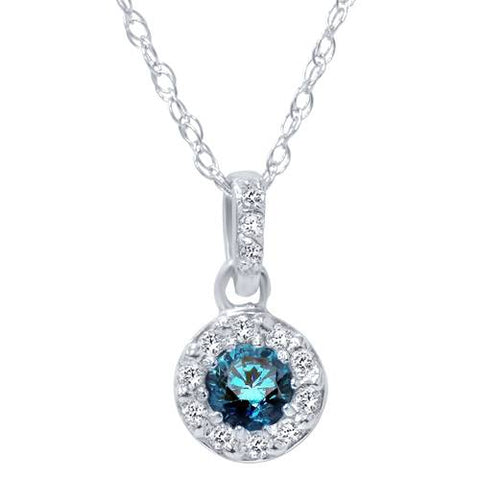 Treated 1/4ct Blue Diamond Petite Halo Solitaire Pendant 14K White Gold