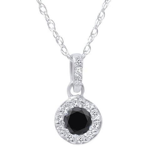 1/4ct Treated Black Diamond Petite Halo Solitaire Pendant 14K White Gold