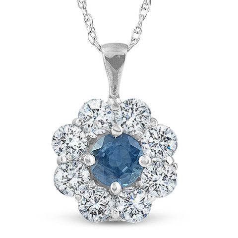 1 1/4ct Blue Sapphire & Diamond Halo Pendant 14K White Gold