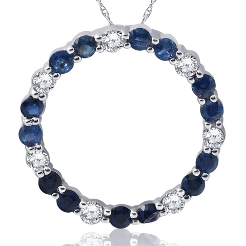 14K White Gold 2ct Diamond & Sapphire Circle Pendant