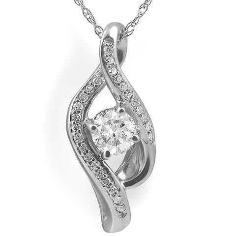 1/3ct Diamond Solitaire Curve Pendant 10k White Gold 3/4" Tall