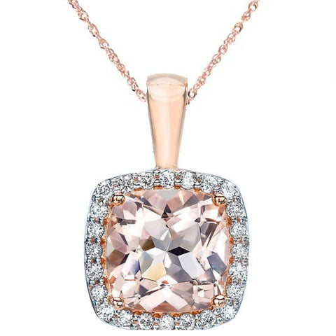 1 1/10ct Morganite Cushion Halo Diamond Pendant 14K Rose Gold