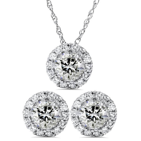 2 7/8ctW Halo Diamond Studs & Pendant Matching Set 14K White Gold (Not Enhanced)