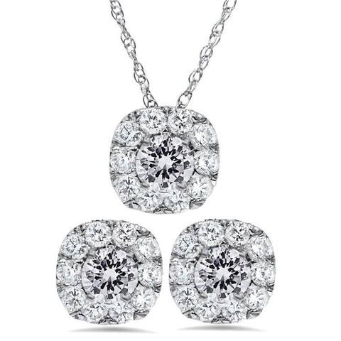 2 1/10ct Cushion Halo Diamond Studs & Pendant Matching Set 14K White Gold