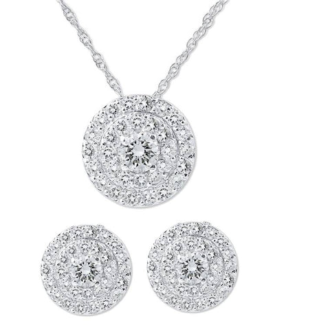 Women's 2 1/4ct Diamond Double Halo Studs & Matching Pendant Set 14K White Gold