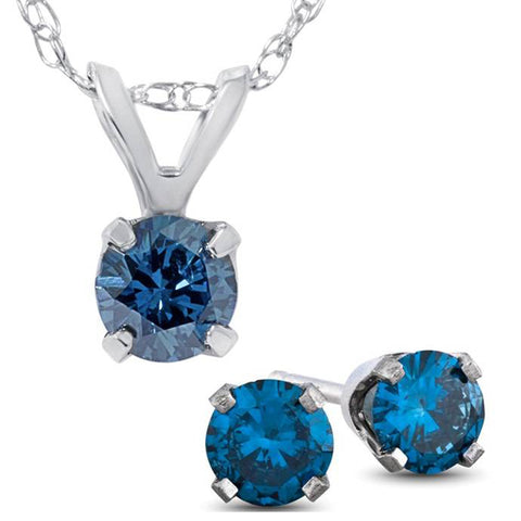 3/4ct Treated Blue Diamond Solitaire Pendant & Studs Set 10K White Gold & Chain