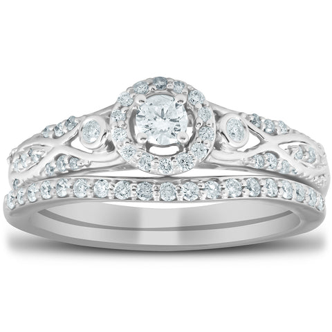 1/2 Ct Halo Round Diamond   Engagement Wedding Ring Set 10k White Gold