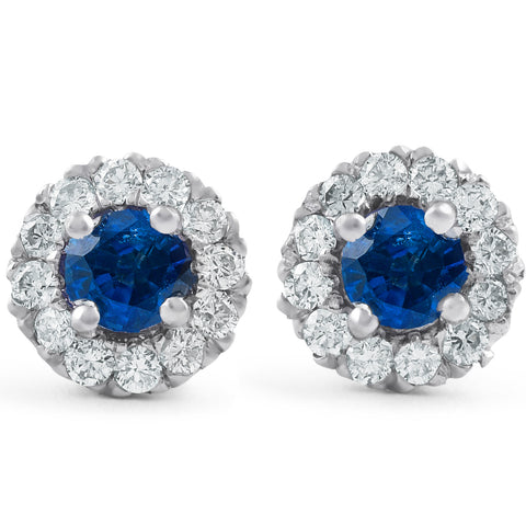 1ct Halo Blue Sapphire Diamond Studs 14k White Gold