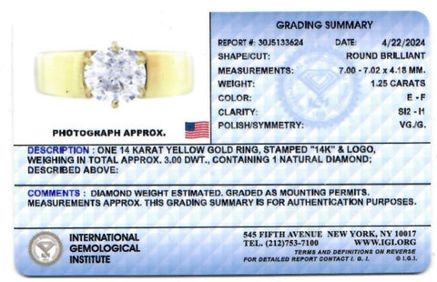 Certified 1.25Ct Natural Round Diamond Solitaire Engagement Ring 14k Yellow Gold