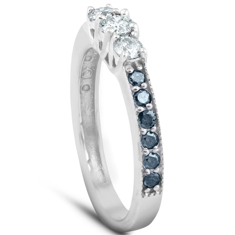 1/2 Ct Blue & White Diamond Three Stone Engagement Anniversary Ring White Gold