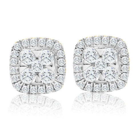 1Ct T.W. Pave Diamond Cushion Halo Studs 10k Yellow Gold Lab Grown Earrings