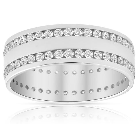 Mens 1 3/8Ct Diamond Eternity Ring 10k White Gold Double Row High Polished