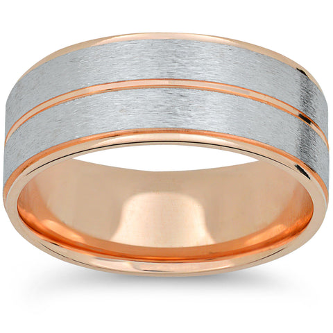 14k Rose Gold & White Gold 6mm 2 Tone Wedding Band Mens Brushed Hand Carved Ring