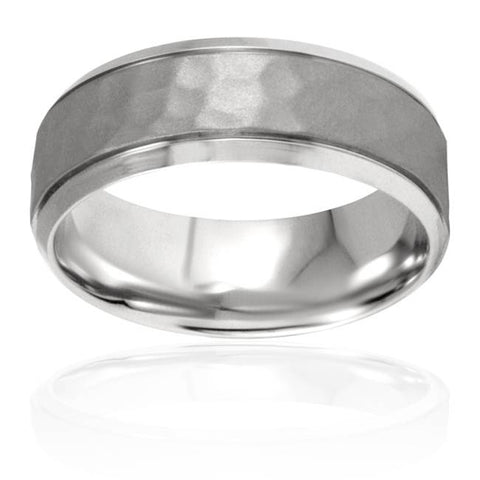 8mm Hammered Beveled Wedding Band 14K White Gold