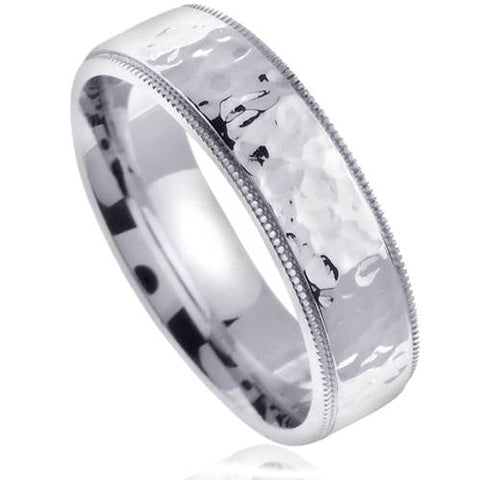 Polished Hammered Mens 6mm 10K White Gold Wedding Band