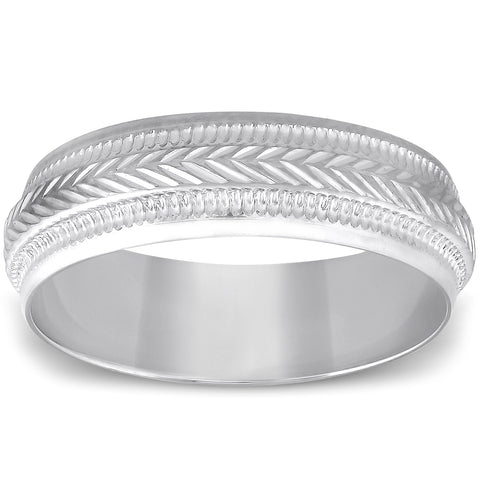 6mm Mens 10K White Gold Brushed Hand Carved Pattern Wedding Band