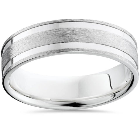 Double Channel Brushed Wedding Band 14K White Gold