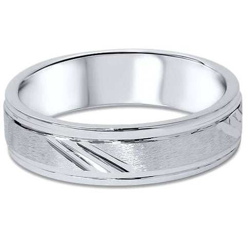 Hand Carved Mens Brushed 6mm Comfort Fit Wedding Band 14K White Gold