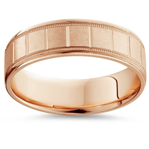 6mm Flat Brushed Hand Carved Mens 14K Rose Gold Flat Wedding Band