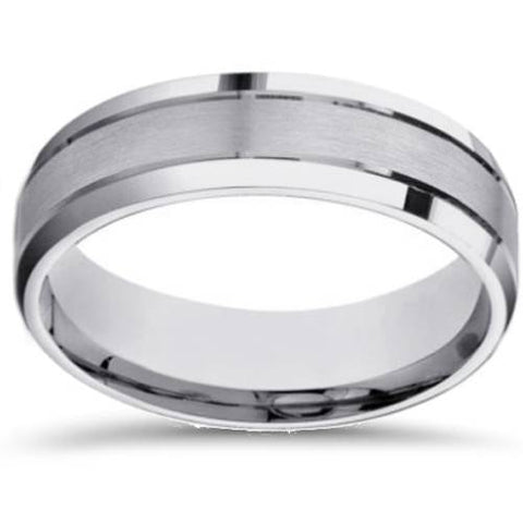 6mm Mens White Gold Brushed Beveled Edge Wedding Band