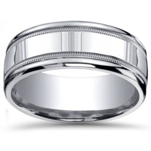 9mm Milgrain Mens Wedding Band 10K White Gold